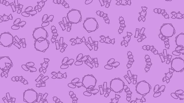Pattern design of simple candy shapes on a purple background, suitable for childrens products, packaging, stationery, and digital backgrounds.