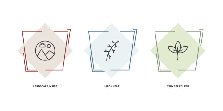 nature icon set with landscape inside frame, larch leaf, straberry leaf signs in flat outline style