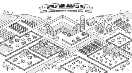 Isometric illustration of a farm with various animal enclosures and buildings. © Avis_Sunani
