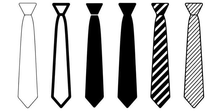 Collection of black necktie silhouettes with striped and formal business tie variations isolated on light background vector style design set for fashion, office wear, clothing accessory and apparel co