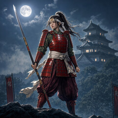 Obraz premium 赤い甲冑に身を包み、月夜の城を背景に長刀を構える美しい女武者 