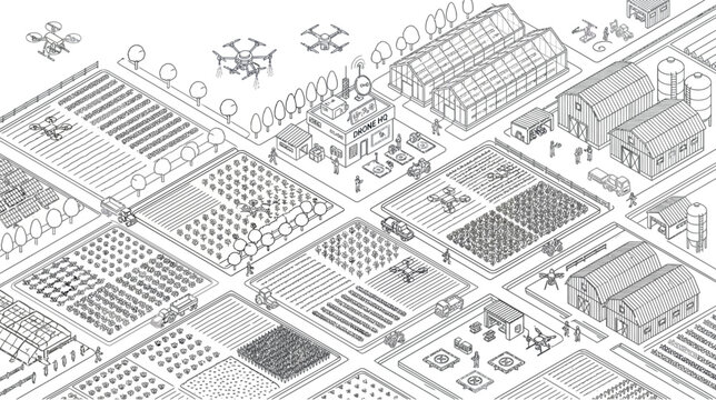 Isometric illustration of a modern smart farm featuring agricultural technology and crop management.