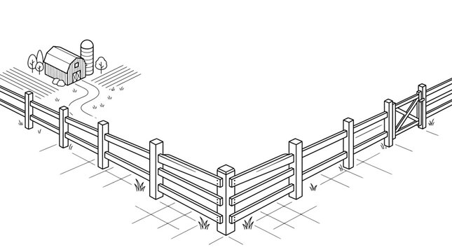 Isometric wooden fence corner with a gate and posts in a rural setting.