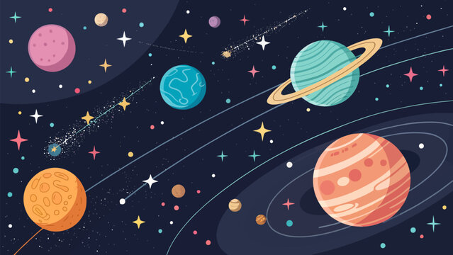 Seamless pattern with cute cartoon planets and stars in deep space
