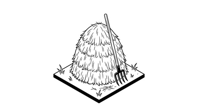 A hand drawn illustration of a haystack with a pitchfork on a small patch of grass.