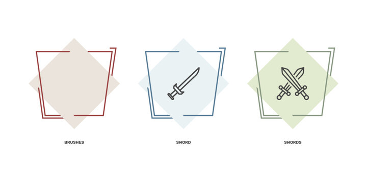 history icon set with brushes, sword, swords signs in flat outline style