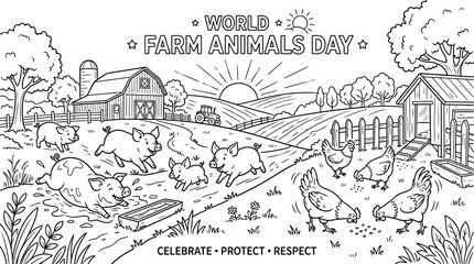 A black and white coloring page illustration featuring happy farm animals including pigs and chickens. © Avis_Sunani