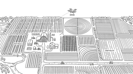 Detailed black and white line art illustration of a sprawling agricultural farm landscape. © Avis_Sunani
