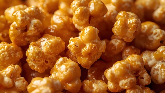 Close macro of glossy caramel popcorn.
