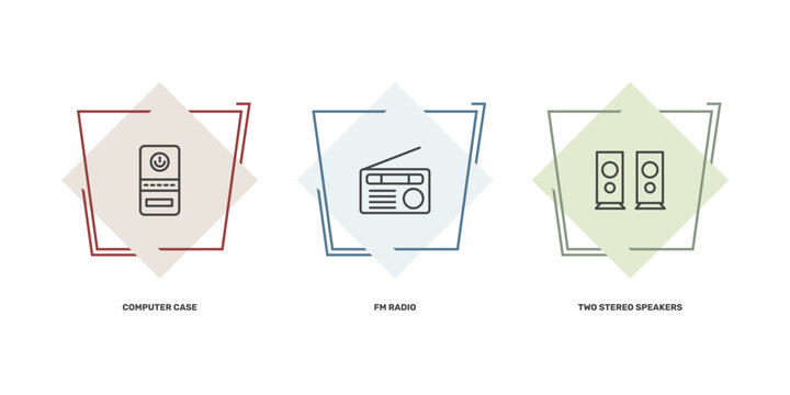 hardware and equipment icon set with computer case, fm radio, two stereo speakers signs in flat outline style