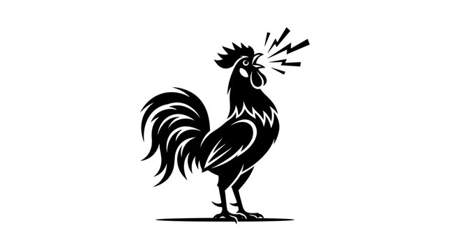 A bold black and white illustration of a crowing rooster standing tall.