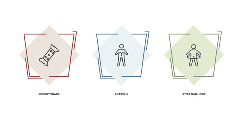 fitness and gym icon set with energy snack, anatomy, stick man hoop signs in flat outline style © Abstract