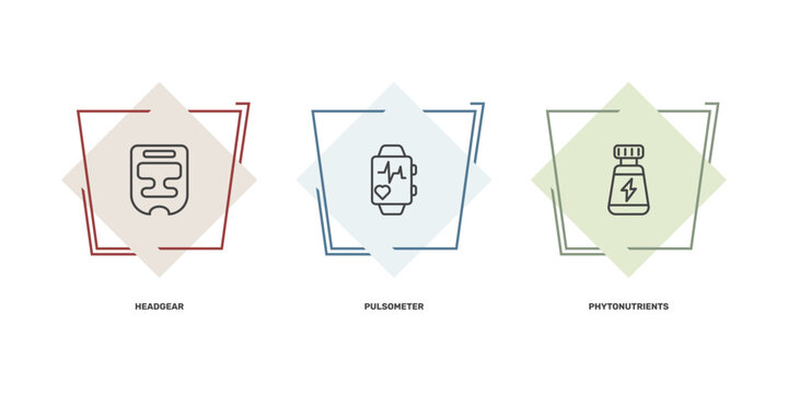 fitness and gym icon set with headgear, pulsometer, phytonutrients signs in flat outline style