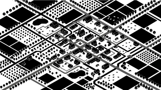 Isometric black and white illustration of a small town surrounded by agricultural fields.