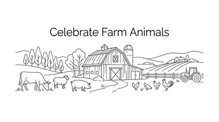 Line art illustration of a farm scene featuring a barn and various farm animals. © Avis_Sunani