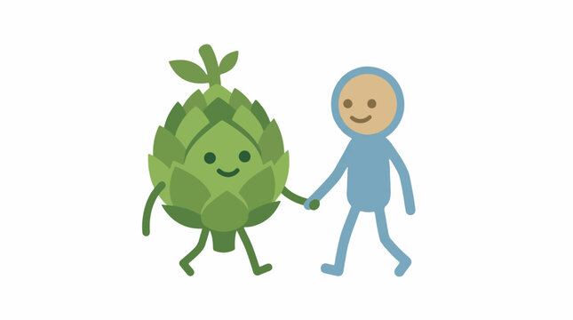 Person Walking Hand in Hand with a Smiling Artichoke