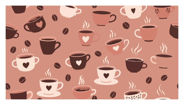 Coffee cups and beans seamless pattern with heart icons in hand drawn doodle style