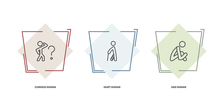 feeling and reaction icon set with curious human, hurt human, sad human signs in flat outline style