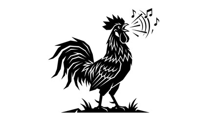 A bold black and white woodcut style illustration of a crowing rooster. © Avis_Sunani