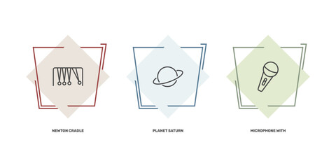 education icon set with newton cradle, planet saturn, microphone with stand signs in flat outline style © Abstract