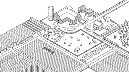 An isometric line art illustration of a rural farmstead with fields and livestock. © Avis_Sunani