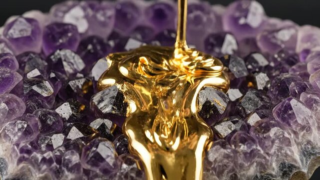 Golden liquid on amethyst geode closeup.