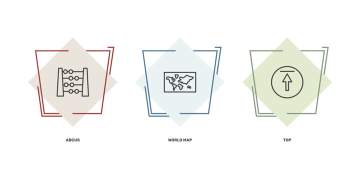 education icon set with abcus, world map, top signs in flat outline style