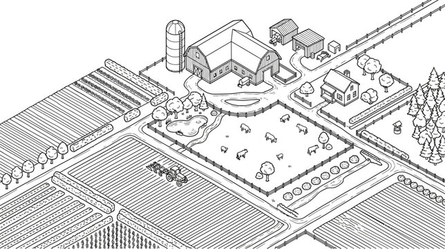 An isometric line art illustration of a rural farmstead with fields and livestock.