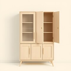Fototapeta premium Elegant Light Natural Wood Storage Cabinet Featuring Glass Display Doors and Ample Shelving, Ideal for Contemporary Home Decor and Functional Organization