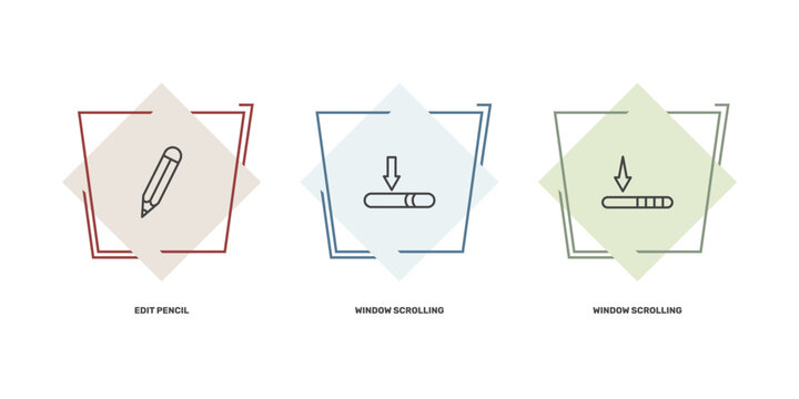 education and science icon set with edit pencil, window scrolling medium, window scrolling left signs in flat outline style