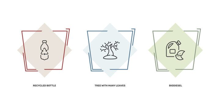 ecology icon set with recycled bottle, tree with many leaves, biodiesel signs in flat outline style