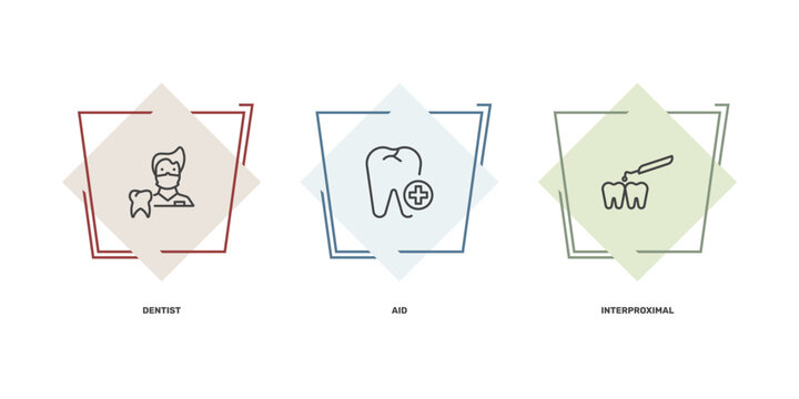 dental health icon set with dentist, aid, interproximal signs in flat outline style
