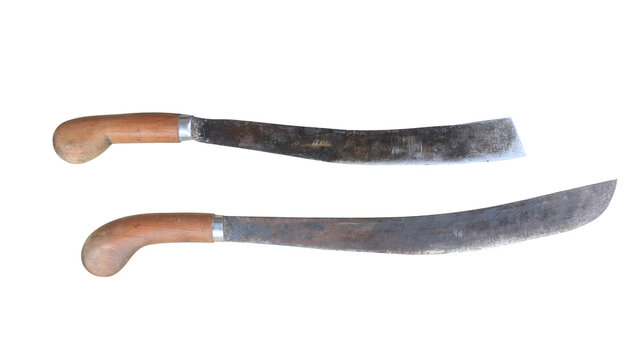 a collection of agricultural tools in the form of two machetes on a transparent background
