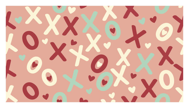 XOXO letters and hearts seamless pattern for romantic design in playful hand drawn style