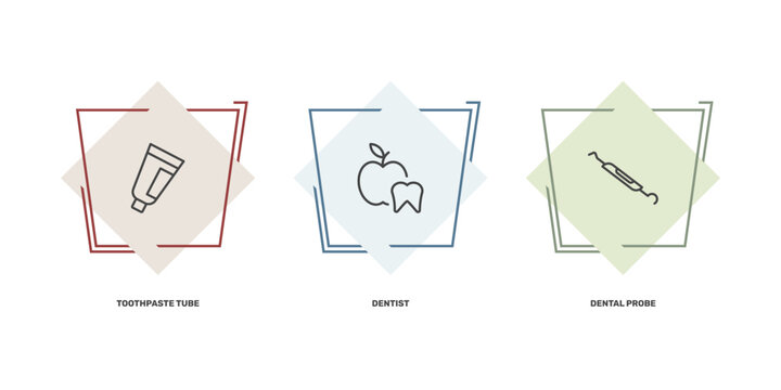 dental health icon set with toothpaste tube, dentist, dental probe signs in flat outline style