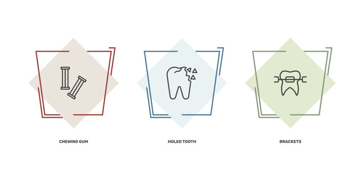 dental health icon set with chewing gum, holed tooth, brackets signs in flat outline style