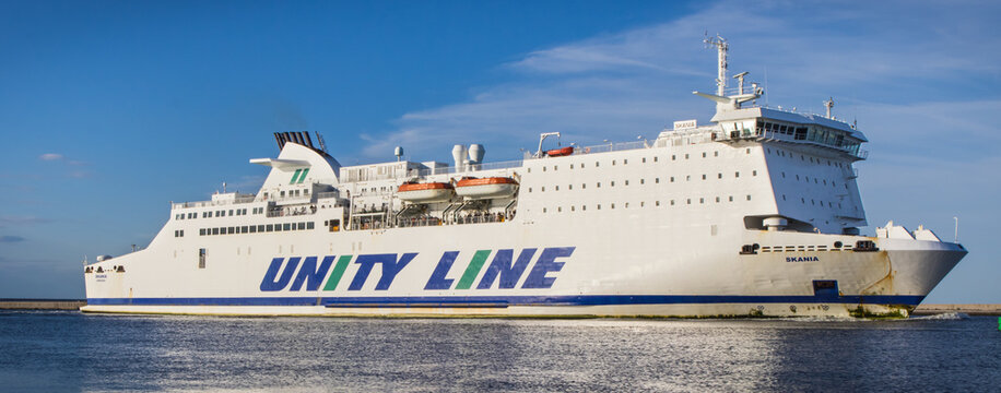 Swinoujscie, West Pomeranian - Poland - July 07, 2024: Passengers and cars ferry Unity Line Skania sailing from Ystad to Swinoujscie. Transport across Baltic Sea
