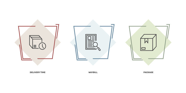 delivery and logistics icon set with delivery time, waybill, package signs in flat outline style