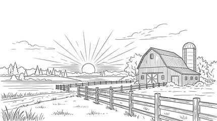 A detailed line art illustration of a rustic farmstead featuring a barn and silo. © Avis_Sunani