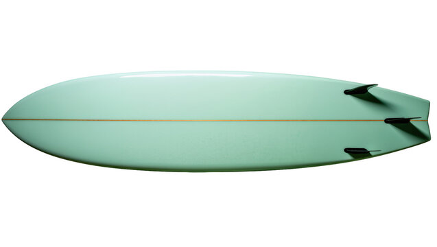 Light Teal Surfboard with Black Fins and Orange Stringer