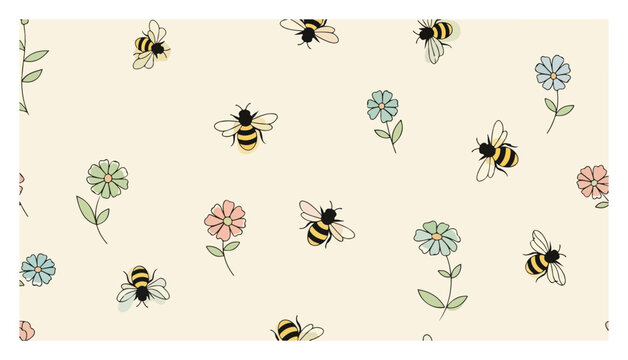 Honeybees and spring flowers pattern on beige background in delicate doodle style