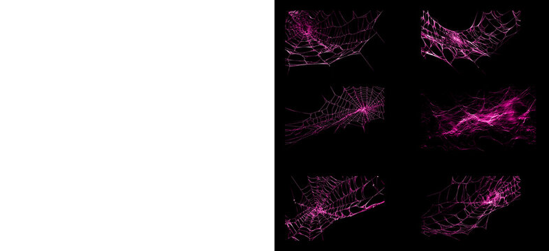 Assorted collection of detailed spider web overlays in vibrant pink shades on black backdrop for creative visual enhancement of various dark artistic graphic design works.