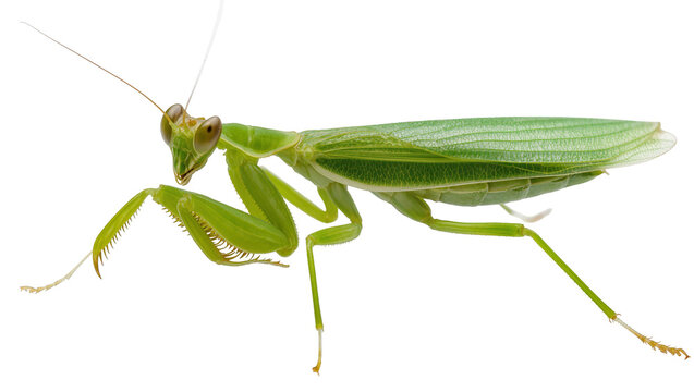 Green praying mantis insect with long antennae and spiky forelegs