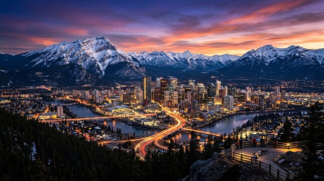 Breathtaking panoramic view of a sprawling modern city skyline illuminated at dusk nestled beneath massive majestic snow-capped mountains.