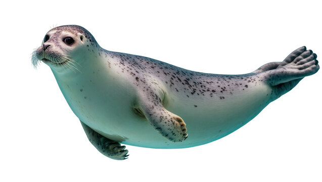 Harbor seal swimming underwater with speckled fur and flippers
