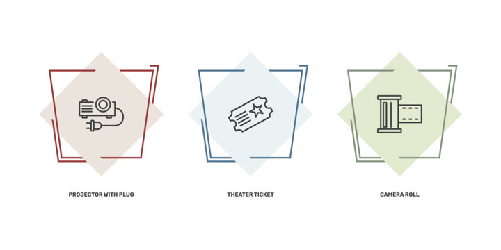 cinema and theater icon set with projector with plug, theater ticket, camera roll signs in flat outline style