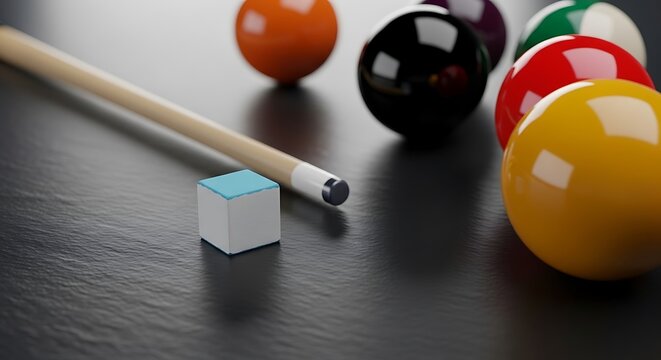 A close-up shot of a 10 ball billiard setup on a dark slate table surface featuring a wooden pool cue, blue chalk cube, and glossy colorful game balls