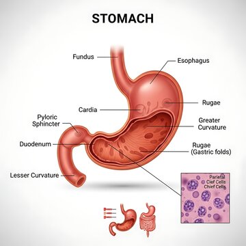 Anatomical diagram of human stomach with labeled parts.