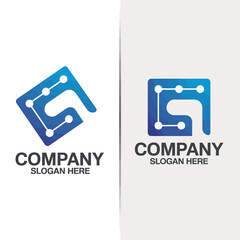 Fototapeta premium Blue and white tech company with abstract geometric shapes and text