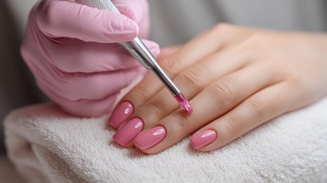 Professional nail technician applying pink gel polish to manicured nails in a beauty salon setting showcasing nail care techniques and artistry for clients. Generative AI
